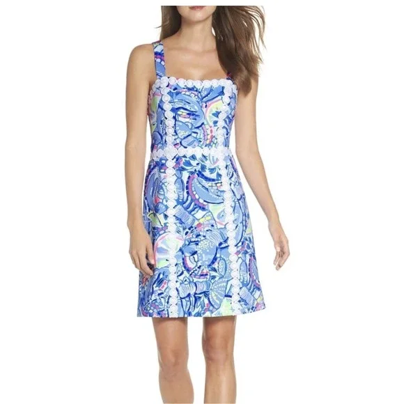 Lilly Pulitzer Elephants Print Square Neck A Line Dress Size 6 Blue White Pink - Picture 1 of 11